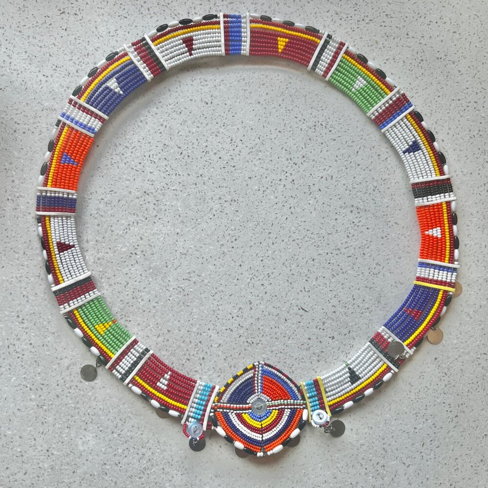 Handmade Maasai Beaded Necklace With Vibrant Multicolor Design & Metal Accents